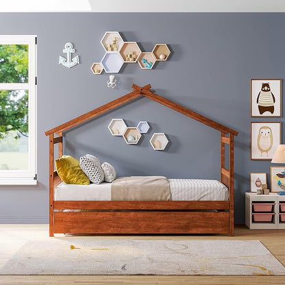 Merax Twin Size Wooden House Bed with Trundle, Wood Bed Frame with Roof for Kids, Teens, Boys or Girls, Walnut