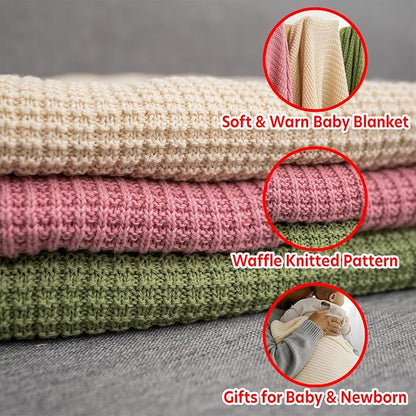 Baby Knit Blanket, 100% Cotton Waffle Patterns, Soft, Cozy, Lightweight Swaddle for Newborn & Infant Swaddling Beige Neutral, Perfect Baby Shower Ideas Cream 28x36