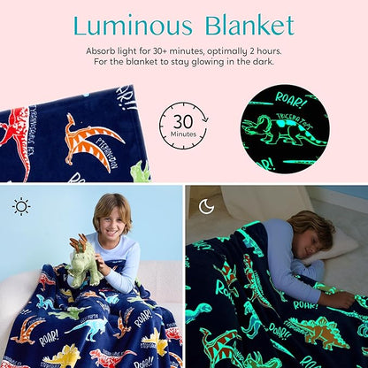 Joiedomi Glow in The Dark Blanket Dinosaur Toys for Kids 3-5 Dinosaur Gifts Toys for Age 2 3 4 5 6 7 8 9 10 11 12 Year Old, Soft Cozy Flannel Kids Throw Blanket, Birthday 40"×60"