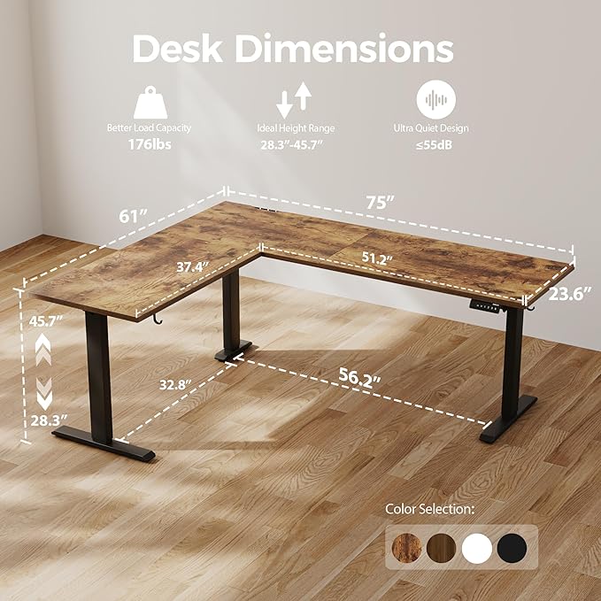 Agilestic 75 Inch L Shaped Standing Desk Adjustable Height, Corner Standing Desk, Sit Stand Up Computer Table, Splice Board, Rustic Brown