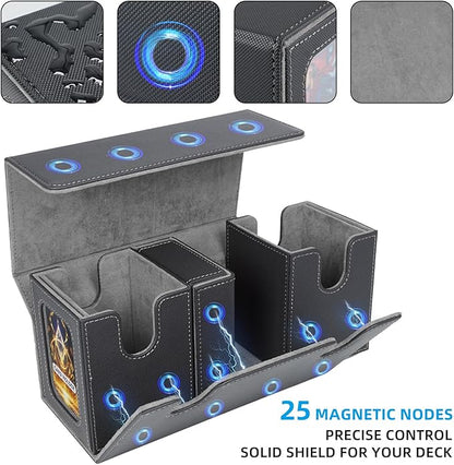 AFIING MTG Commander Card Storage Box - Fits 200 Double Sleeved Cards,3-in-1Card Deck Case,Strong Magnet Card Organizer For Magic Commander TCG CCG,4Dividers &2 Toploaders, Black/Grey