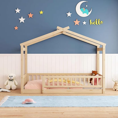 Merax Twin Size Wooden House Bed with Fence, Wood Bed Frame with Roof and Safety Guardrail for Kids, Teens, Boys or Girls, Natural