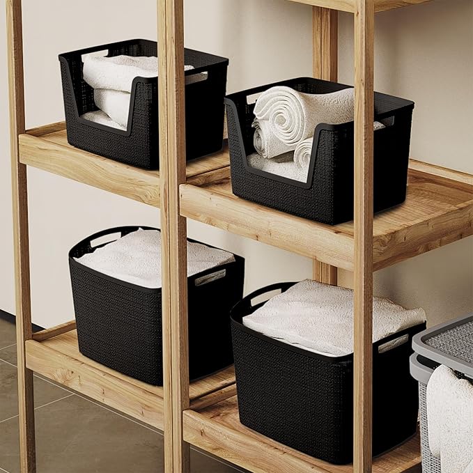 Curver Set of 4 Large 18L Easy Access Jute Decorative Plastic Organization and Storage Baskets - Perfect Bins for Home Office, Closet Shelves, Kitchen Pantry and All Bedroom Essentials, Black