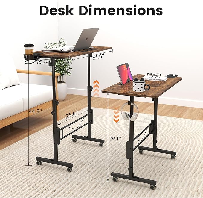 Hadulcet Small Standing Desk Adjustable Height, Rolling Desk for Standing or Sitting, Portable Computer Desk for Walking Pad, Rustic Brown