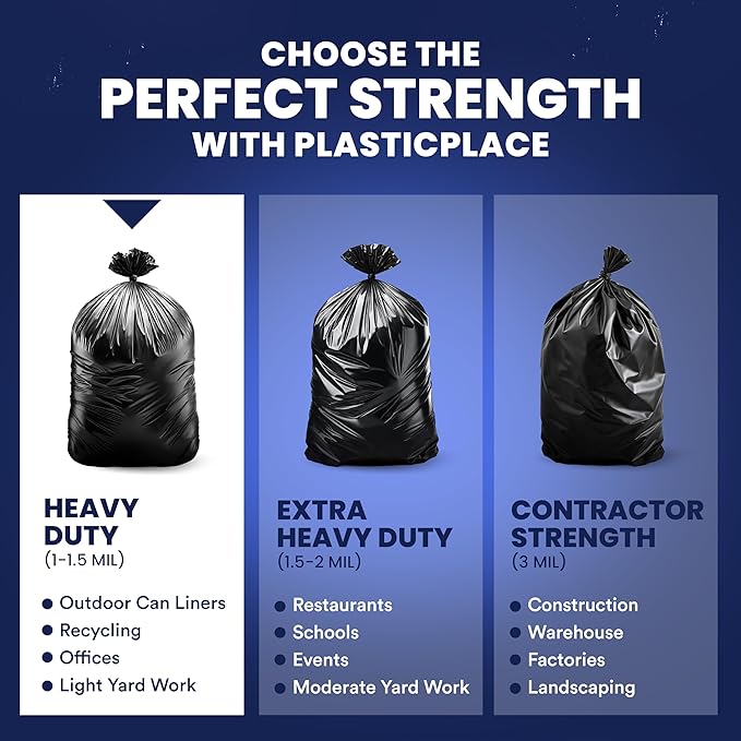 Plasticplace 55-60 Gallon Trash Bags, 1.2 Mil Heavy Duty Contractor Garbage Bags, Black Tear-Resistant Bags for Construction, Yard Waste, Industrial Use, Large 38” x 58” (100 Count)