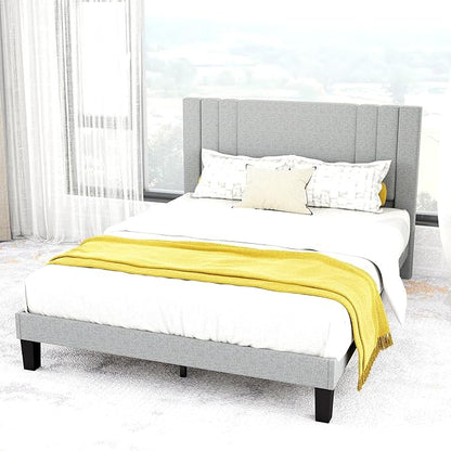 Tyndall Queen Size Bed Frame, Linen Fabric Upholstered Platform with Headboard