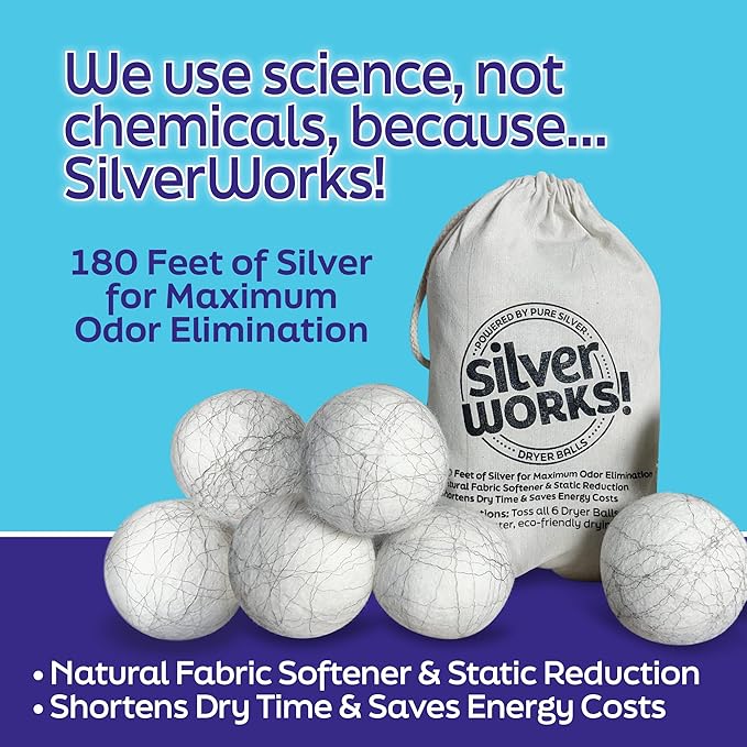 Wool Dryer Balls Laundry Reusable - Odor Eliminating Dryer Laundry Balls with Silver Technology - Natural Fabric Softener and Static Reducer, Reduce Drying Time and Energy Costs - 6 Pack