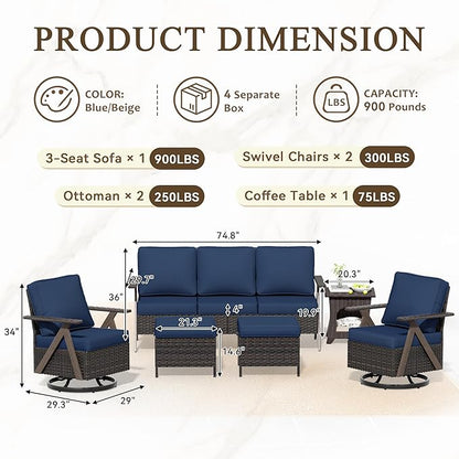 6 Piece Patio Furniture Set, Wicker Patio Conversation Set with Swivel Glider Chair and Outdoor 3-Seater Sofa and 2 Ottomans and Side Table for Deck Yard and Poolside