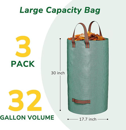GreatBuddy 32 Gallon Reusable Yard Waste Bag, Heavy Duty, Upright Lawn Bags with 4 Reinforced Handles for Garden Leaves and Waste Collection, Lightweight and Portable (3 Pack)