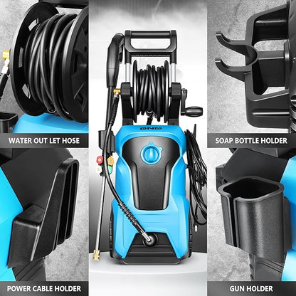 DNA MOTORING TOOLS-00231 Up to 2176 PSI Pressure 2.4 GPM Max Flow Electric Pressure Washer for Yard and Car Cleaning with Spray Nozzle Foam Bottle + 4 Turbo Nozzles IPX5 Driveway Patio Deck (Blue)