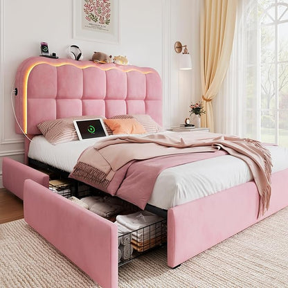 Full Size Bed Frame with 4 Storage Drawers and LED, Adjustable Clouds Headborad, Velvet Upholstered Platform Full Bed Frame with Charing Station, Wood Slats Support, No Box Spring Needed,Pink