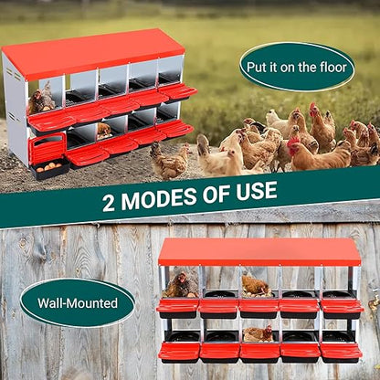 Garvee Chicken Nesting Boxes, 10 Hole Metal Chicken Laying Box with Removable Trays and Roll Out Egg Collection for Chicken Coop, Red