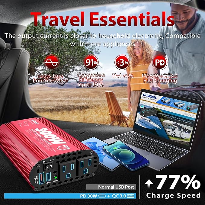 300Watt Pure Sine Wave Power Inverter for Car with PD30W Type C and QC 3.0 USB Car Converter Adapter with Dual USB Ports for Smartphones Laptops Tablets Starlink