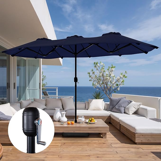 Shintenchi 16FT Large Patio Umbrella with Base, Outdoor Double-Sided Rectangular Umbrella, Market Umbrella with Crank Handle for Poolside Lawn Garden, Dark Blue