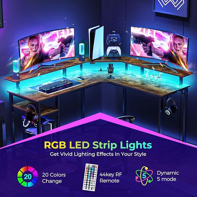 Rolanstar L Shaped Gaming Desk with LED Lights & Power Outlets, 46.2" Computer Desk with Full Monitor Stand & Storage Shelf, Corner Desk with Hooks, Rustic Brown Desk Reversible