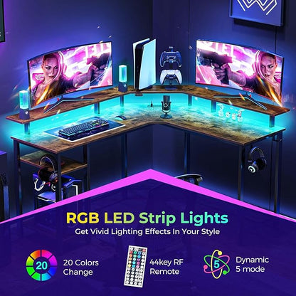 Rolanstar L Shaped Gaming Desk with LED Lights & Power Outlets, 46.2" Computer Desk with Full Monitor Stand & Storage Shelf, Corner Desk with Hooks, Rustic Brown Desk Reversible