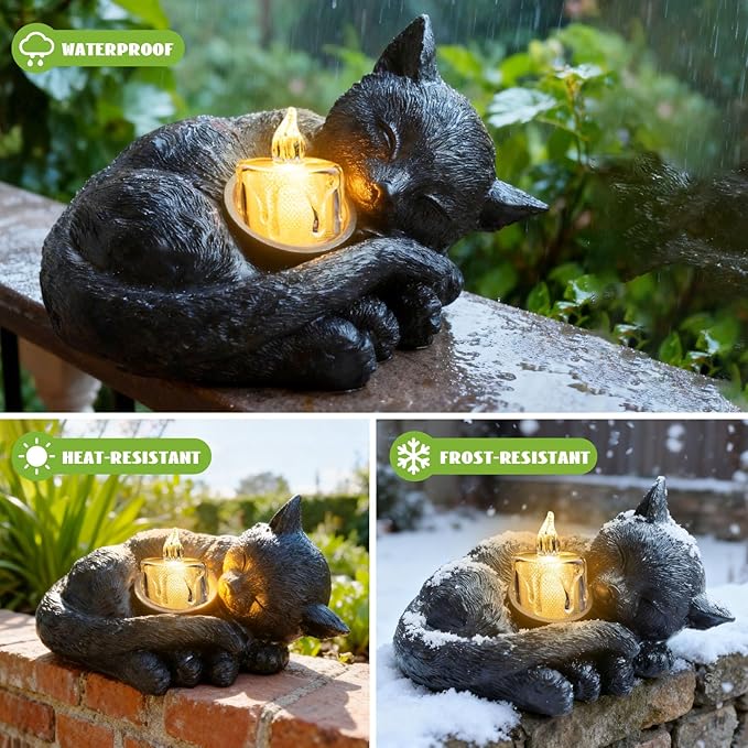 Sleeping Cat Candle Holder Statue Realistic Resin Cat Figurine with Candle Tray Outdoor Garden Decor for Patio Yard or Indoor Use for Cat Lovers Women and Memorials Black