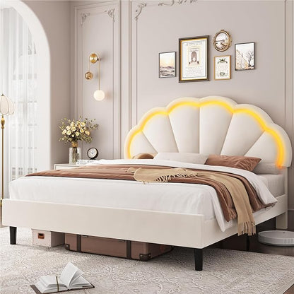 HIFIT Queen Upholstered Smart LED Bed Frame with Adjustable Chic Petal Headboard, Soft Princess Queen Size Platform Bed Frame for Girls, Wooden Slat Support, No Box Spring Needed, Easy Assembly, Beige