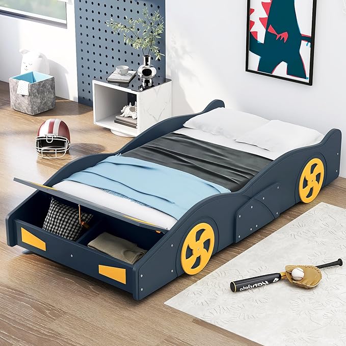 SOFTSEA Twin Car Shaped Bed Frame Modern Car-Shaped Platform Bed with Storage Headboard and Wheels, Wood Twin Platform Bed with Storage for Kids Boys, No Box Spring Needed, Blue+Yellow