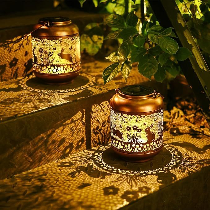 Rabbit Solar Lanterns Outdoor Waterproof-Hanging Solar Lights Bunny Gifts for Women Mom Grandma Metal Decorative LED Lantern Outside for Garden Decor,Yard,Patio,Lawn,Porch,Backyard,Pathway