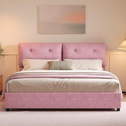 Boucle Upholstered Bed Frame King Size, Low Platform Bed King, Modern Soft Style, Adjustable Headboard, No Box Spring Needed, Easy Assembly, Pink