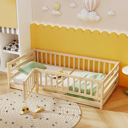 KOMFOTT Twin Size Wood Floor Bed with Door & 21.5” Fence, Montessori Bed Frame with Full Length Safety Guardrails, Door & Latch, Wooden Montessori Floor Bed for Kids, Girls, Boys