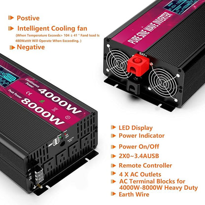 Pure Sine Wave Power Inverters 4000W 12V DC to AC 110V 120V Peak 8000W with Remote Control 4 Outlets,Dual USB Port,LED Display Terminal Blocks for Inverter Truck RV Car Solar System