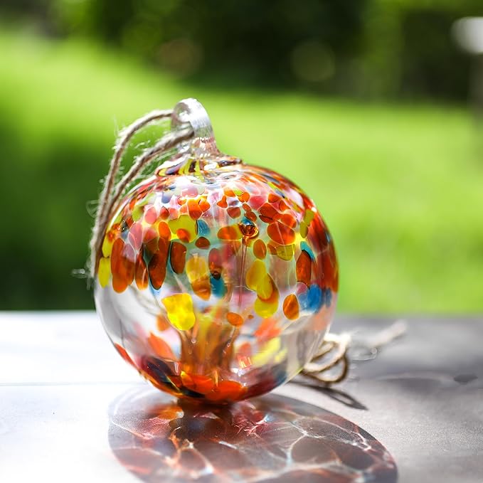Yao Yuan 4 Inch Garden Hanging Gazing Ball Hand-Blown Glass for Hanging Gardens Window Outdoor Gazing Ball Witch Balls Glass Ornament (organe and red)