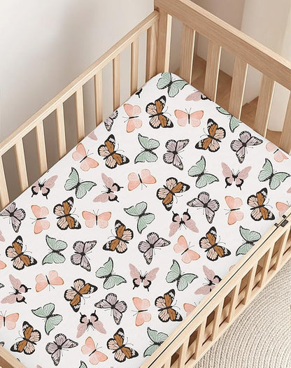 Pack and Play Sheets 2 Pack, Fitted Jersey Knit Mini Crib Sheets for Baby Boys and Girls, Compatible with Graco Pack N Play and Mini Crib Mattress (Butterfly Dance, Pack N Play/Mini Crib Sheets)
