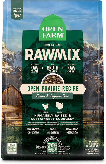 Open Farm, RawMix Grain-Free Dry Dog Food, Protein-Packed Kibble Coated in Bone Broth with Freeze Dried Raw Chunks, Chicken & Turkey, Open Prairie Recipe, 20lb Bag