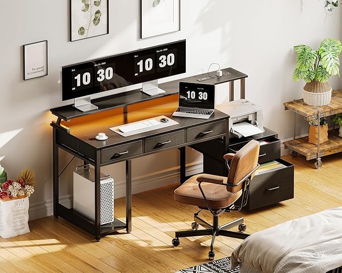 AODK 55 Inch Computer Desk with 3 Drawers and File Cabinet for Storage, Office Desk with Monitor Stand and LED Lights, Home Office Desks, Black