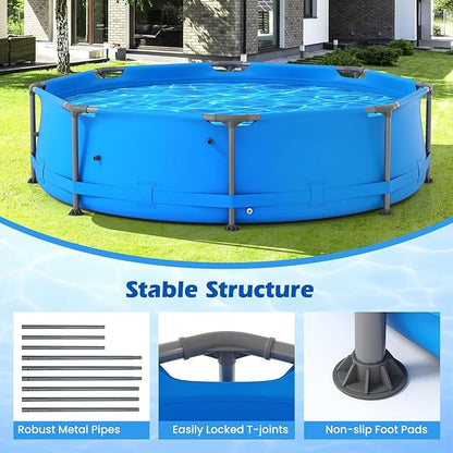 GYMAX 10ft x 30in Metal Frame Above Ground Swimming Pool, Outdoor Backyard Famliy Pool Set with Puncture-Resistant Fabric, Drainage Valve Connector for Kids & Adults (10' x 30", Round, Blue)