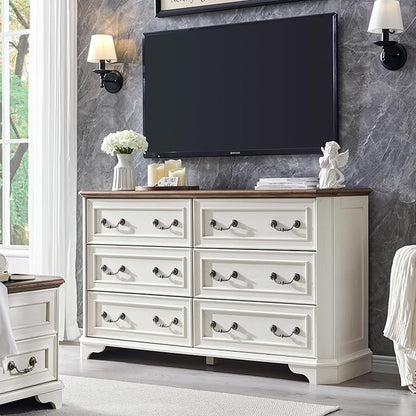 T4TREAM Farmhouse 6 Drawers Dresser for Bedroom, 54" Wide Wood Rustic Chest of Drawers with Natural Texture, Vintage Design, Storage Dressers Organizer for Bedroom, Living Room, Antique White