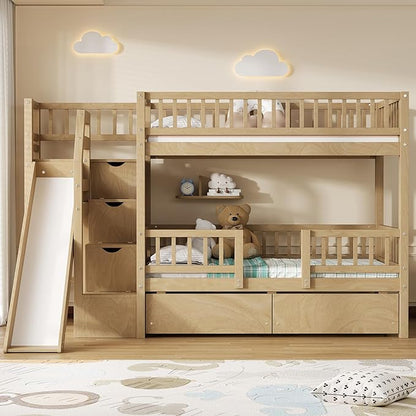Twin Over Twin Bunk Bed with Storage Staircase, Solid Wood Bunk Bed Frame with Slide and 2 Drawers for Kids Teens Adult Bedroom, No Box Spring Needed (Walnut/63r)