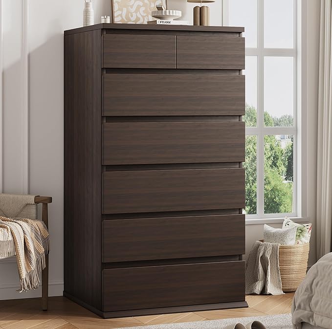 Brown Tall 7 Drawer Dresser for Bedroom, Modern Wood Closet Dressers & Chests of Drawers with Jewelry Storage, 23.6" L*15.8" W*47.5" H in Large Vertical Dresser for Bedroom, Living Room, Nursery