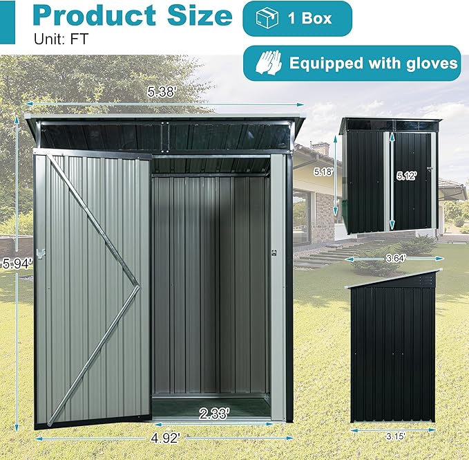 Sheds & Outdoor Storage 5ft x 3ft Metal Storage Shed with Transparent Plate, Hinged Door Design Small Garden Tool Storage Cabinet for Backyard, Patio, Poolside, Black