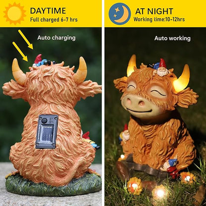 Solar Garden Statue Highland Cow Figurine with Funny Gnomes Garden Outdoor Decor for Yard Patio Lawn Christmas Housewarming Gifts for Women,Mom,Grandma (Yellow)