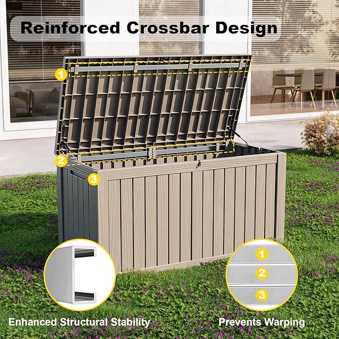 180 Gallon Large Deck Box,Resin Outdoor Storage Box with Lockable for Patio Furniture, Pool Accessories, Garden Tools Waterproof Outside Storage Box, Grey