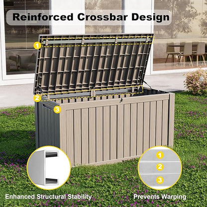 Vixzen 180 Gallon Resin Deck Box, Lockable Outdoor Storage Box for Patio Cushions Storage Furniture,Garden Tools, Pool Supplies, Weatherproof and UV Resistant- Light Brown