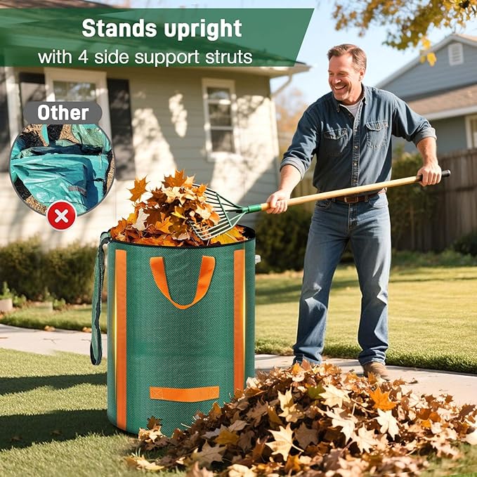 Reusable Yard Waste Bags 3 Packs 32 Gallon Standable Garden Bags for Leaves with Reinforced Carry Handles Heavy Duty Collapsible Yard Waste Containers for Leaves, Lawn Debris & Grass Clippings