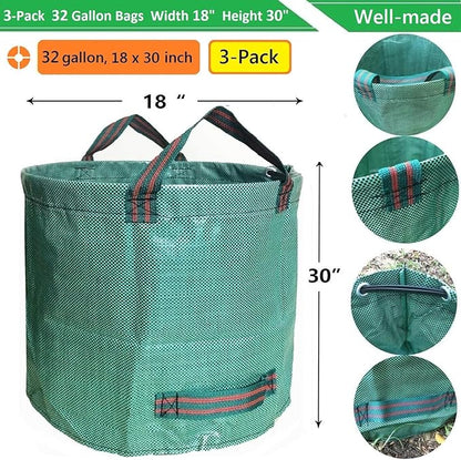Standard 3-Pack 32 Gallons Yard Garden Bags (D18, H30 inches) with Gardening Gloves, Standable Reusable Leaf Bags,Plant Trimming Bag,Yard Waste Bags,Trash Container,Lawn Grass,Weeds Bag w/ 4 Handles