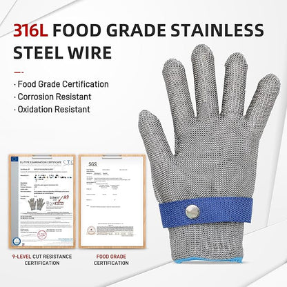 ANSI A9 Cut Resistant Glove,Stainless Steel Mesh Metal Glove,Food Grade for Kitchen Cooking, Butcher Meat Cutting, Oyster Shucking, Mandoline, Fishing,L,2 pcs