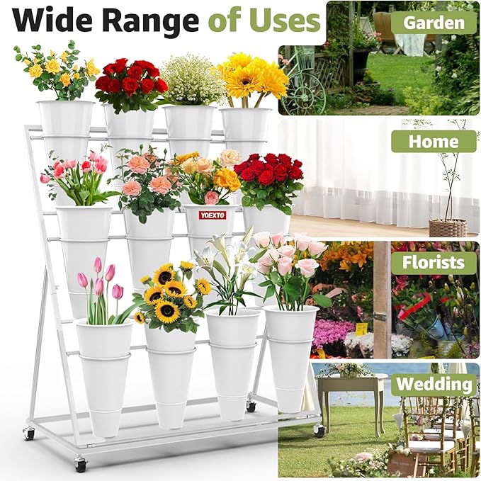 Flower Display Stand 3 Layers with 12 PCS Round Buckets, Plant Stand with Wheels, Movable Metal Plant Stand for Terrace Garden, Florist Shop