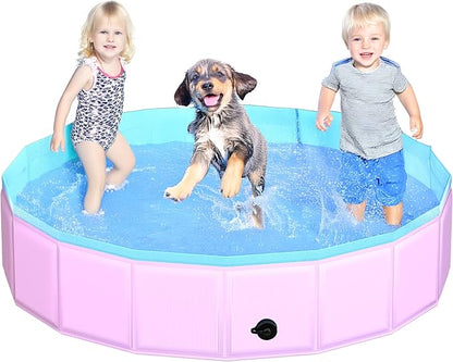 2025 Updated Foldable Dog Pool, 55" x 12" Kiddie Pool with Hard Plastic, Non-Slip Dog Bath Tub for Outdoor Backyard, Collapsible Dog Swimming Pool for Kids Dogs Pets (Pink)