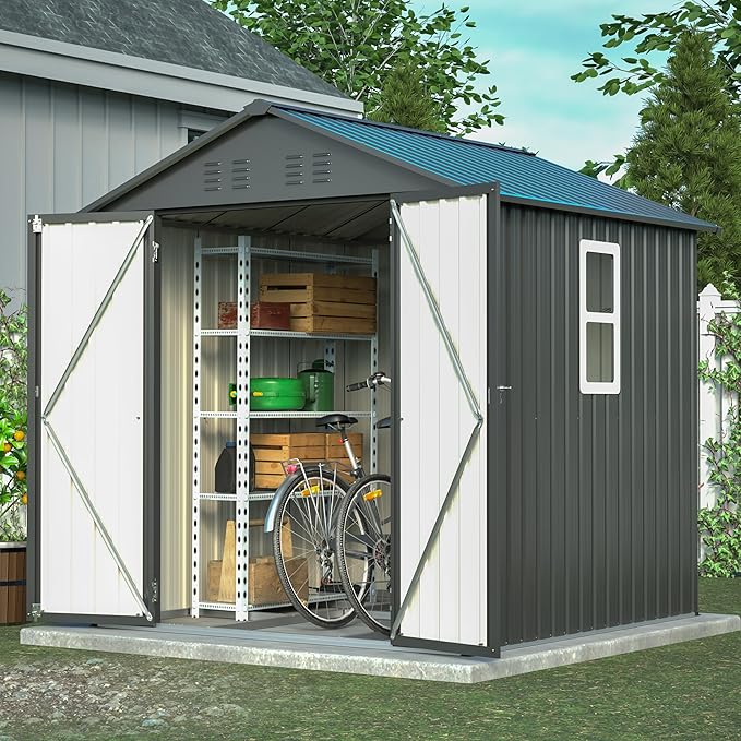 6x6 ft Metal Storage Shed Outdoor,Metal Steel Utility Tool Shed Storage House with Window and Floor Kit for Backyard Garden Patio Lawn Black