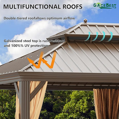 12' X 22' Hardtop Gazebo Outdoor Aluminum Patio Gazebo Double Roof Galvanized Steel Canopy Wooden Finish Coated with Netting and Curtains for Garden, Backyard, Deck and Lawns