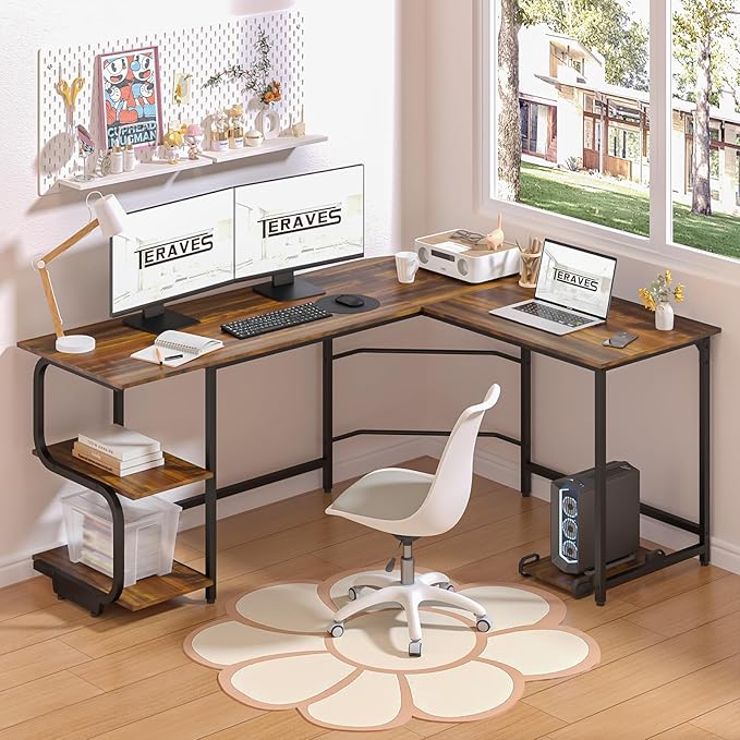 Teraves Reversible L Shaped Desk with Large Surface, 69 Inch Sturdy Corner Desk with Storage Shelves, Premium Office Computer Desk Workstation for Home Office Gaming