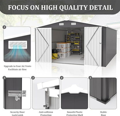 10x14 FT Outdoor Storage Shed, Metal Shed with Floor, Lockable Door & Vents, All-Weather Resin Shed for Garden, Backyard, Patio, Lawn, Dark Gray
