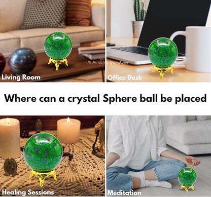 Amazing Gemstone Ruby Zoisite Crystal Ball with Stand - 2 Inches Crystal Sphere Meditation Balls for Witchcraft and Decorative Balls