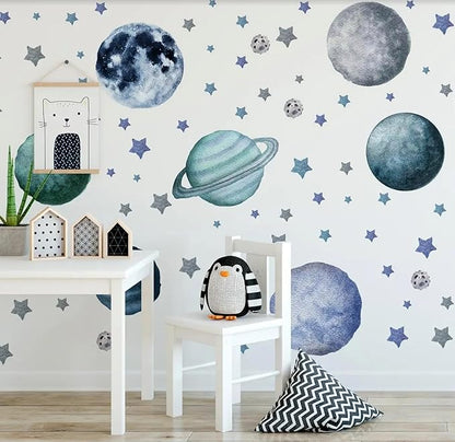Planets and Stars Wall Decals, Removable Solar System Wall Stickers, Space Wall Décor, Peel and Stick Universe Art Mural Vinyl Sticker for Kids Boys Bedroom Nursery Decoration